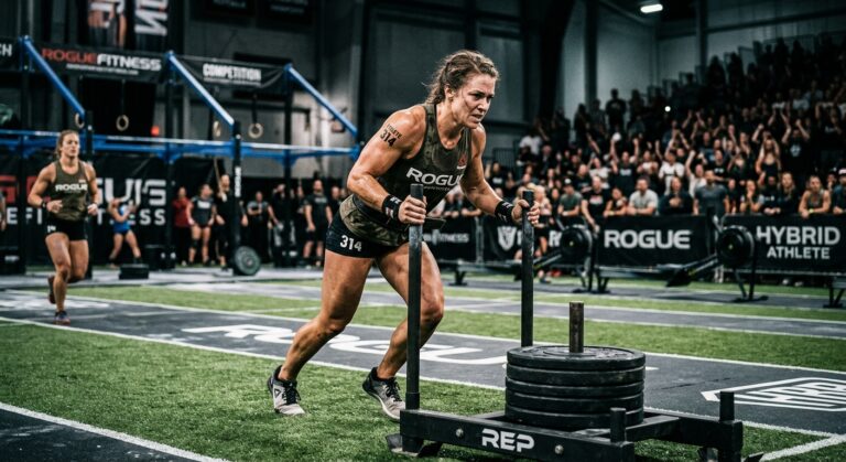 Atleta feminina empurra um trenó com pesos durante uma competição de fitness num pavilhão com público