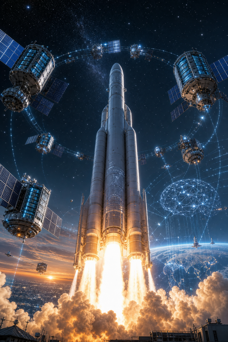 Foguete a descolar rodeado por satélites em órbita e uma rede digital sobre a Terra