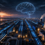 Centro de dados futurista com um cérebro digital sobreposto, turbinas eólicas e torres de refrigeração a vapor ao pôr do sol