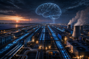 Centro de dados futurista com um cérebro digital sobreposto, turbinas eólicas e torres de refrigeração a vapor ao pôr do sol