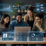 Equipa a analisar vendas e métricas num portátil, com ícones de comércio eletrónico e comunicação sobrepostos