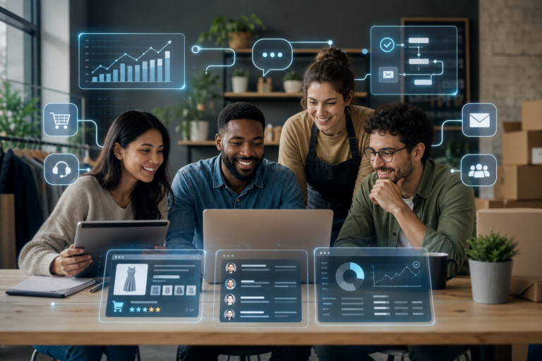 Equipa a analisar vendas e métricas num portátil, com ícones de comércio eletrónico e comunicação sobrepostos