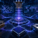 Laboratório futurista com visualizações holográficas de rede, mapa-múndi e segurança digital em torno de um núcleo central