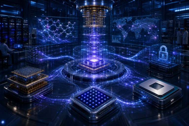 Laboratório futurista com visualizações holográficas de rede, mapa-múndi e segurança digital em torno de um núcleo central