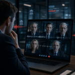 Videoconferência com executivos e alertas de segurança digital no ecrã de um portátil