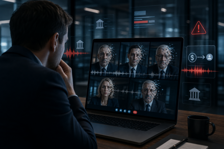 Videoconferência com executivos e alertas de segurança digital no ecrã de um portátil
