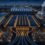 Central energética futurista com painéis solares, torres de arrefecimento, tanques e cabos de alta tensão à noite
