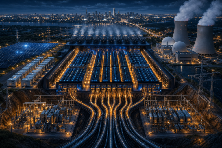 Central energética futurista com painéis solares, torres de arrefecimento, tanques e cabos de alta tensão à noite