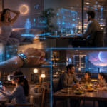 Colagem de cenas de casa inteligente e saúde digital: mulher em cama, homem ao computador, médica, criança com óculos VR e família à mesa