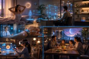 Colagem de cenas de casa inteligente e saúde digital: mulher em cama, homem ao computador, médica, criança com óculos VR e família à mesa