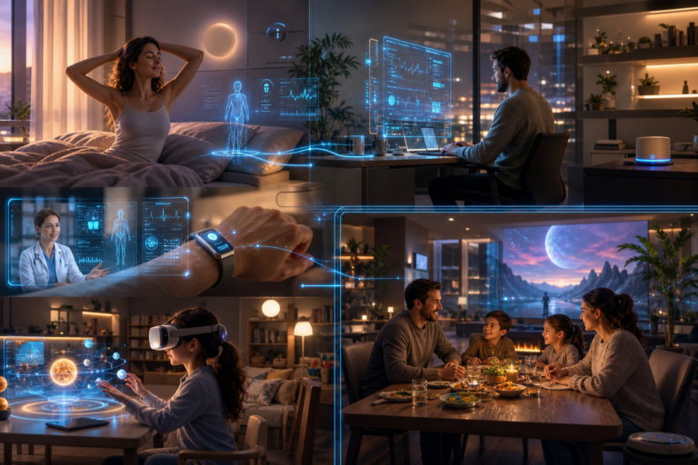 Colagem de cenas de casa inteligente e saúde digital: mulher em cama, homem ao computador, médica, criança com óculos VR e família à mesa