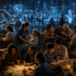 Grupo diverso de pessoas a colaborar num estúdio com arte, cuidados de saúde e tecnologia holográfica ao fundo