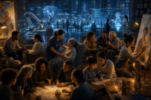 Grupo diverso de pessoas a colaborar num estúdio com arte, cuidados de saúde e tecnologia holográfica ao fundo