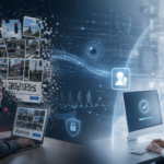 Interface de verificação de segurança digital com imagens de ruas, ícones de identidade e proteção, e dois utilizadores em computadores