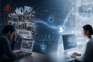 Interface de verificação de segurança digital com imagens de ruas, ícones de identidade e proteção, e dois utilizadores em computadores