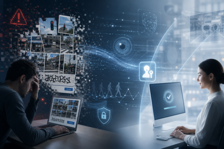 Interface de verificação de segurança digital com imagens de ruas, ícones de identidade e proteção, e dois utilizadores em computadores