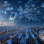 Mapa digital da Europa com ligações globais a setores como educação, indústria, energia e segurança, sobre uma central tecnológica costeira sustentável