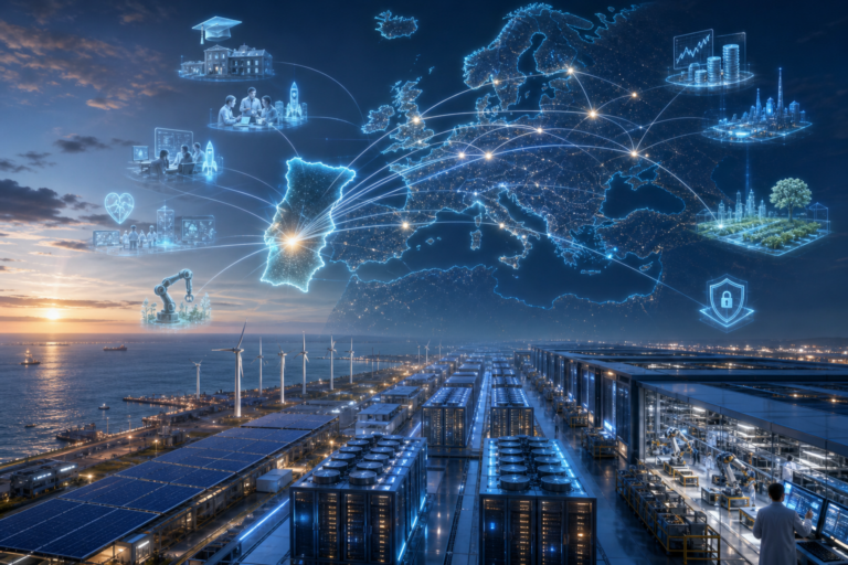 Mapa digital da Europa com ligações globais a setores como educação, indústria, energia e segurança, sobre uma central tecnológica costeira sustentável