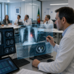 Médico a analisar exames de imagem num painel digital durante uma reunião clínica sobre governança hospitalar