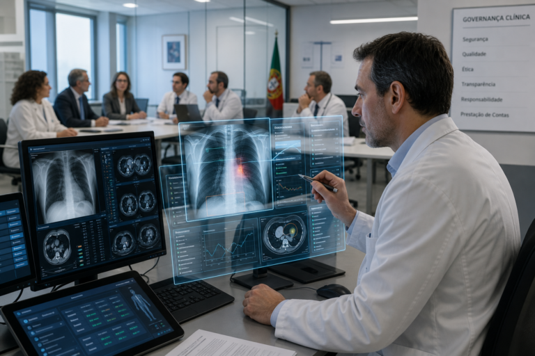 Médico a analisar exames de imagem num painel digital durante uma reunião clínica sobre governança hospitalar