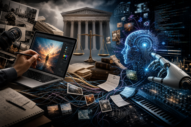 Montagem de edição criativa com IA, fotografia, justiça e tecnologia digital, com balança e rosto robótico