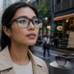 Mulher a usar óculos inteligentes numa rua, com interfaces digitais sobrepostas e outro par de óculos em exposição