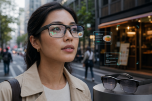 Mulher a usar óculos inteligentes numa rua, com interfaces digitais sobrepostas e outro par de óculos em exposição
