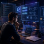 Programador a trabalhar num portátil, rodeado por ecrãs holográficos com código, diagramas e fluxos de trabalho digitais