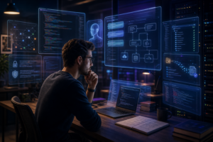 Programador a trabalhar num portátil, rodeado por ecrãs holográficos com código, diagramas e fluxos de trabalho digitais