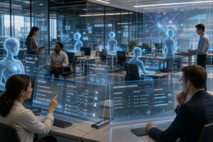 Escritório com equipa a trabalhar com interfaces holográficas de IA e painéis de dados sobre automação e governação