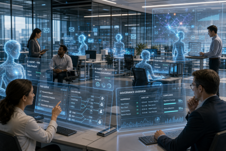 Escritório com equipa a trabalhar com interfaces holográficas de IA e painéis de dados sobre automação e governação