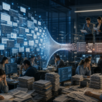 Escritório com equipas a analisar pilhas de documentos e ecrãs, com um fluxo de dados digital ao centro