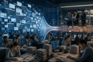Escritório com equipas a analisar pilhas de documentos e ecrãs, com um fluxo de dados digital ao centro