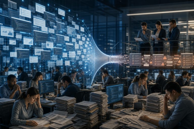 Escritório com equipas a analisar pilhas de documentos e ecrãs, com um fluxo de dados digital ao centro