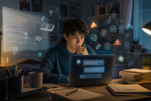 Jovem a estudar ao computador, rodeado de ícones de pesquisa, links e avisos digitais
