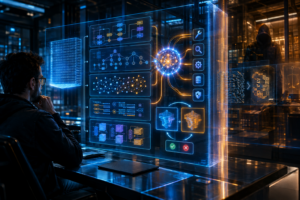 Homem analisa diagramas digitais e fluxos de dados holográficos num ambiente tecnológico futurista